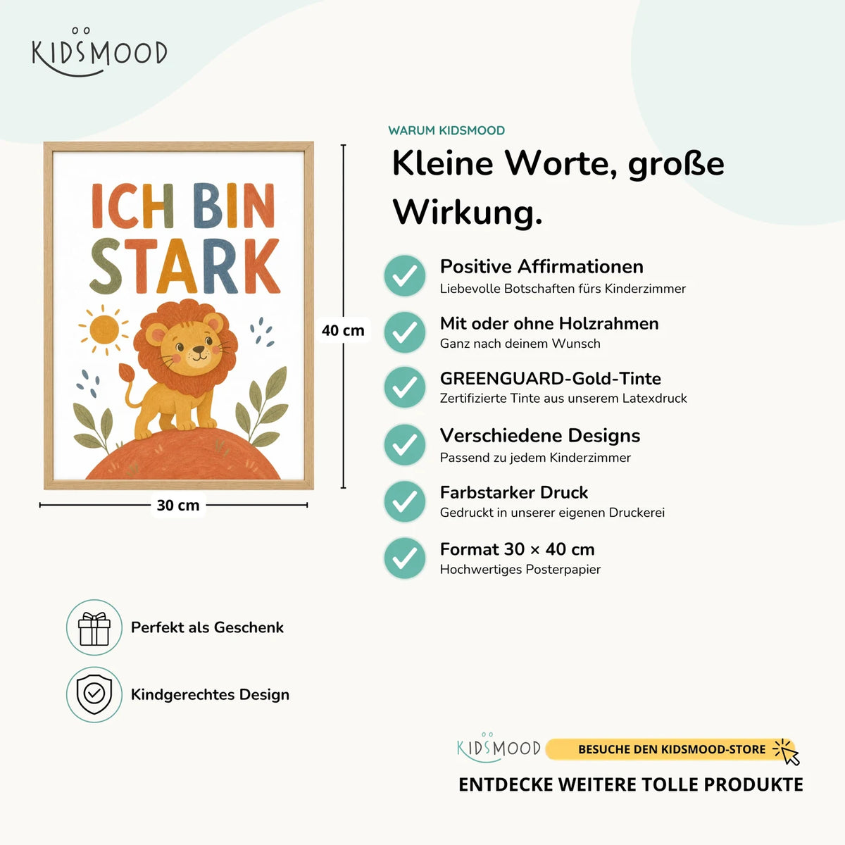 Affirmationsposter âLöwe Ich bin starkâ im Ăberblick: 30 Ă 40 cm, mit oder ohne Holzrahmen, verschiedene Designs