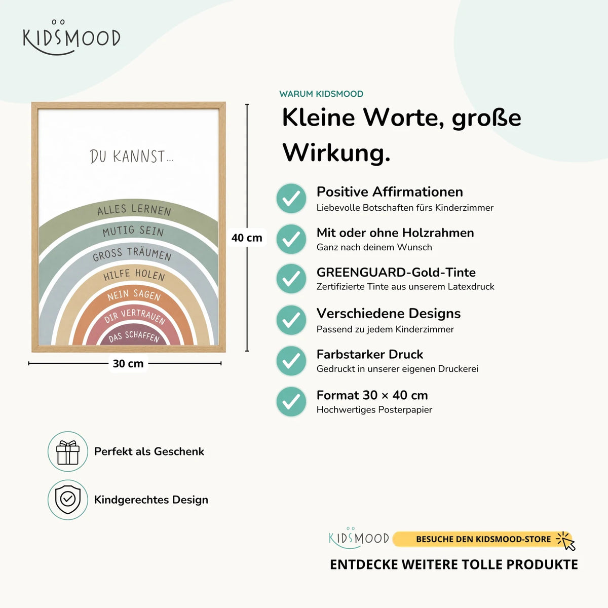 Affirmationsposter âRegenbogen Du kannstâ im Ăberblick: 30 Ă 40 cm, mit oder ohne Holzrahmen, verschiedene Designs