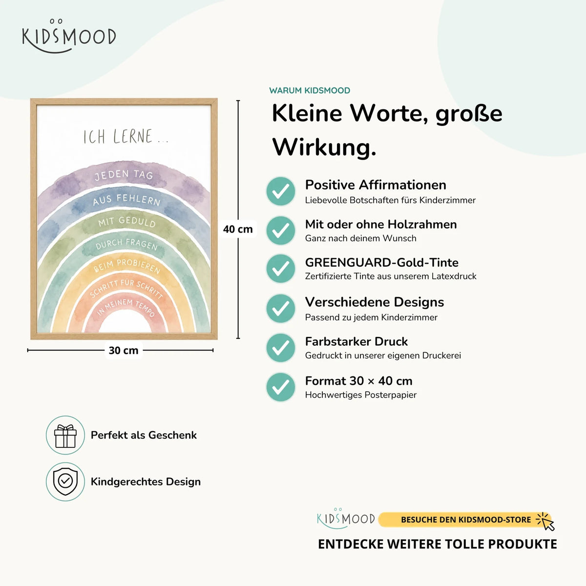 Affirmationsposter „Regenbogen Ich lerne“ im Überblick: 30 × 40 cm, mit oder ohne Holzrahmen, verschiedene Designs