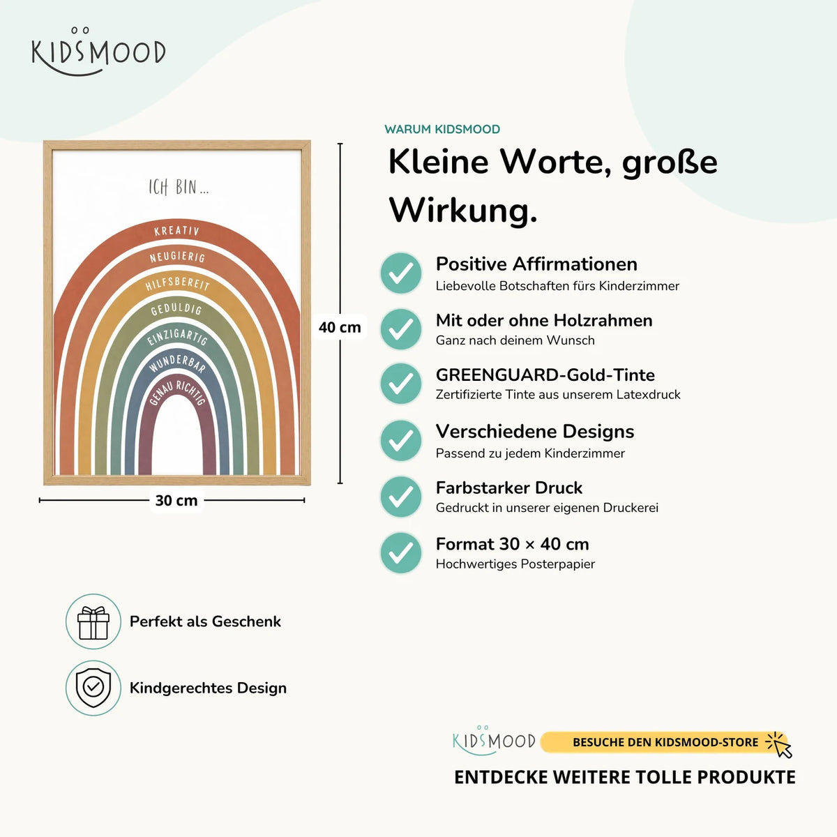 Affirmationsposter „Regenbogen Terracotta“ im Überblick: 30 × 40 cm, mit oder ohne Holzrahmen, verschiedene Designs