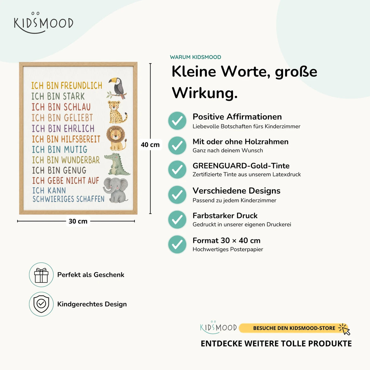 Affirmationsposter „Safaritiere“ im Überblick: 30 × 40 cm, mit oder ohne Holzrahmen, verschiedene Designs