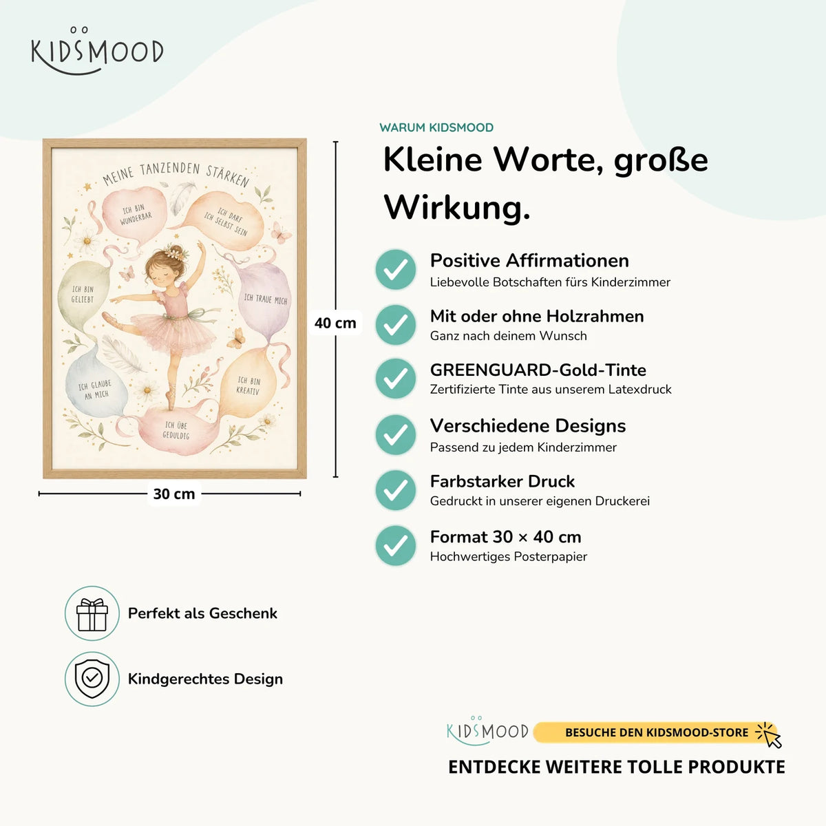 Affirmationsposter âTanzende StĂ€rkenâ im Ăberblick: 30 Ă 40 cm, mit oder ohne Holzrahmen, verschiedene Designs