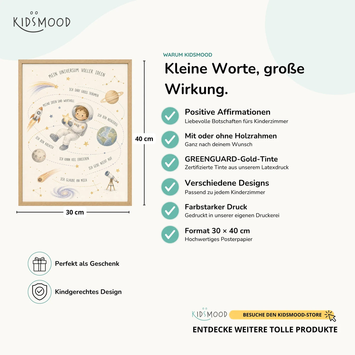 Affirmationsposter âUniversum voller Ideenâ im Ăberblick: 30 Ă 40 cm, mit oder ohne Holzrahmen, verschiedene Designs