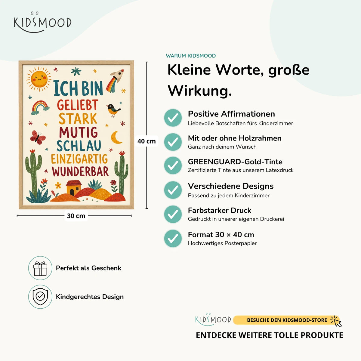 Affirmationsposter „Wüste Ich bin geliebt“ im Überblick: 30 × 40 cm, mit oder ohne Holzrahmen, verschiedene Designs