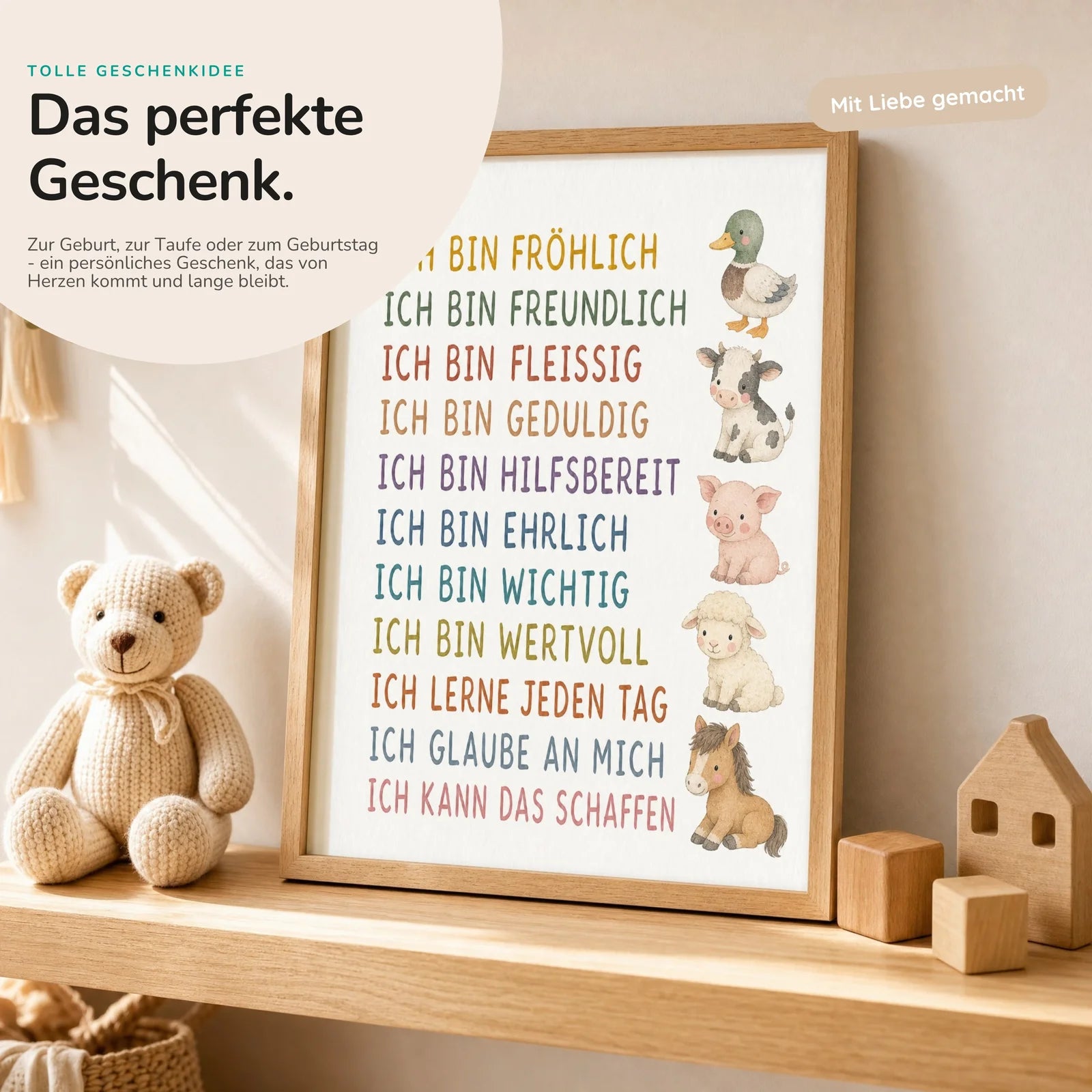 Affirmationsposter Kinderzimmer Bauernhoftiere, mit optionalem Holzrahmen