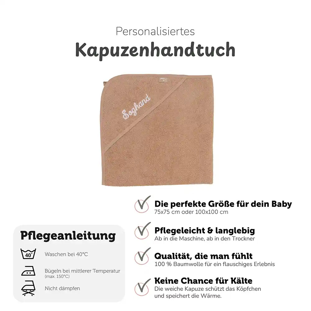 Kapuzenhandtuch Baby personalisiert in Biscuit mit Namen, weiches Frottee, kuscheliges Badetuch mit Kapuze
