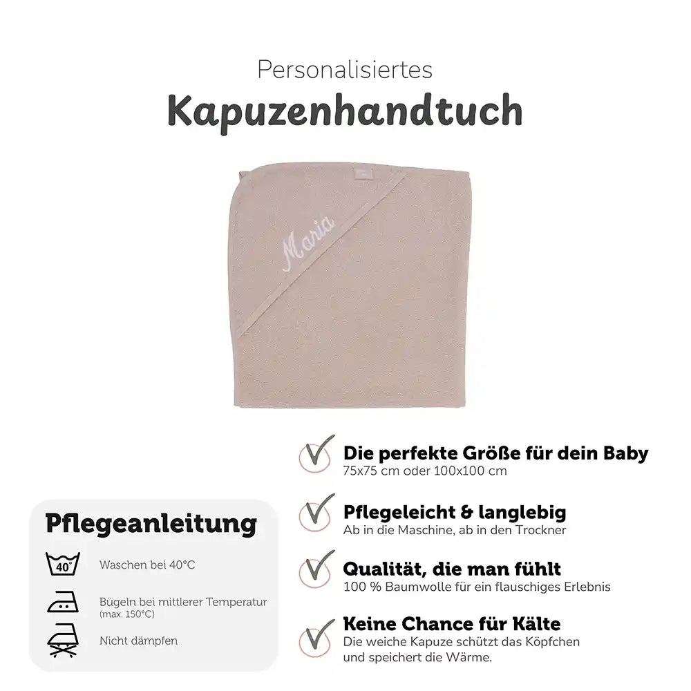 Kapuzenhandtuch Baby personalisiert – Nougat, weiches Frottee mit Namen, Baby-Badetuch mit Kapuze