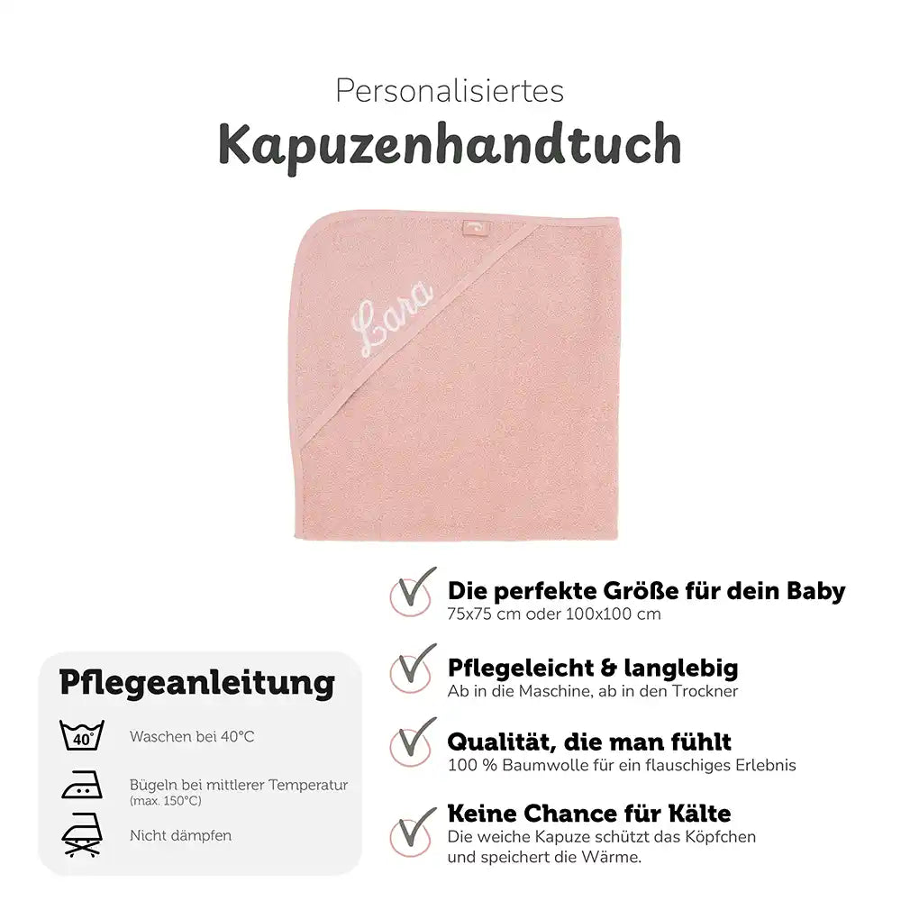 Kapuzenhandtuch Baby personalisiert in Rosé mit individuellem Namen, weich und saugstark für beste Badeerlebnisse.
