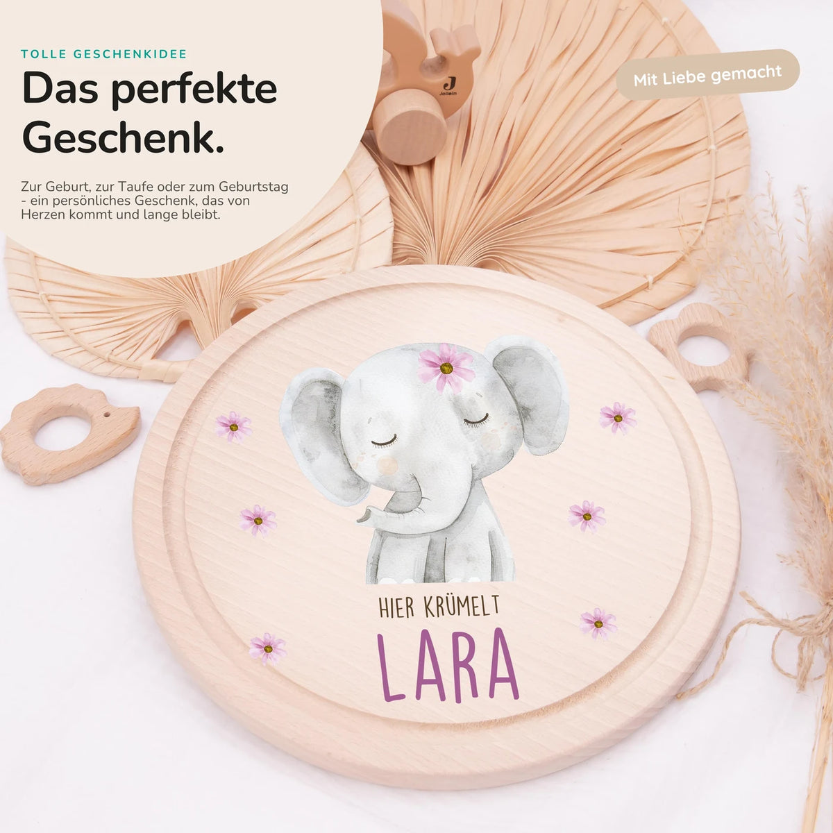 Rundes personalisiertes Frühstücksbrettchen Elefant Pünktchen mit Namen für Kinder