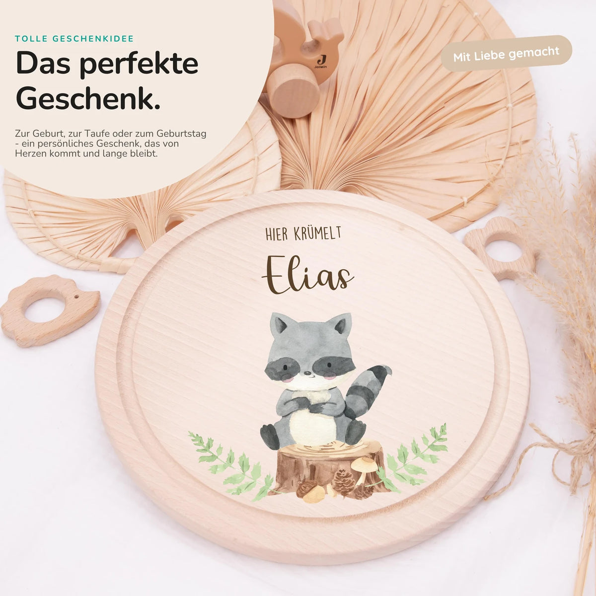 Rundes personalisiertes Frühstücksbrettchen Waschbär mit Namen für Kinder