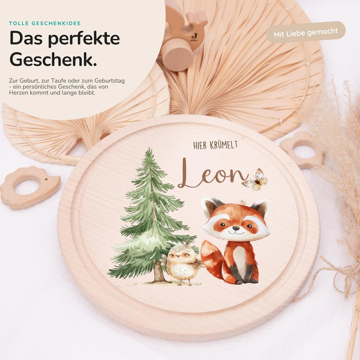 Rundes personalisiertes Frühstücksbrettchen Fuchs mit Namen für Kinder