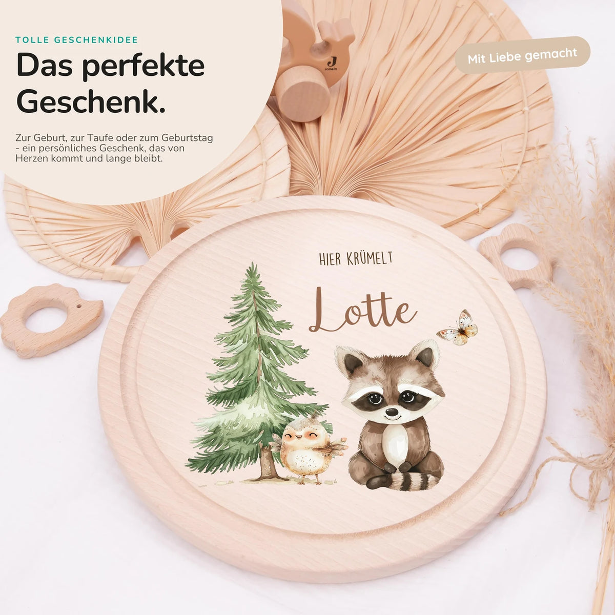 Rundes personalisiertes Frühstücksbrettchen Reh Waldtiere mit Namen für Kinder