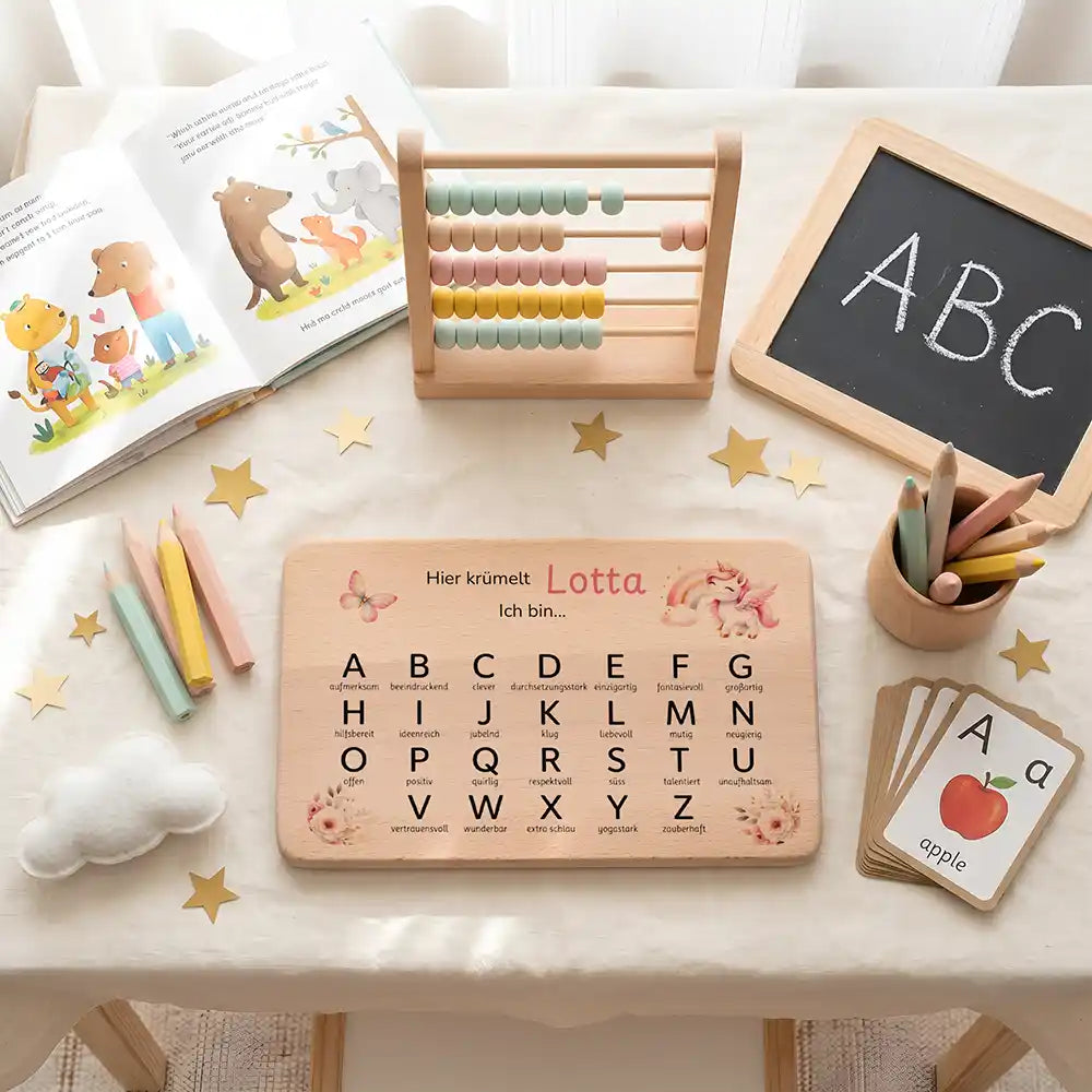 ABC Brettchen Kinder personalisiert Einhorn Wildblumen – ABC-Lernen am Schreibtisch
