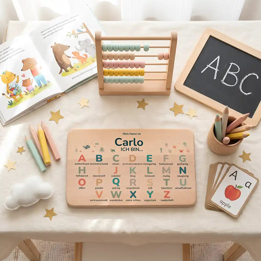 ABC Brettchen Kinder personalisiert Safari Tiere – ABC-Lernen am Schreibtisch
