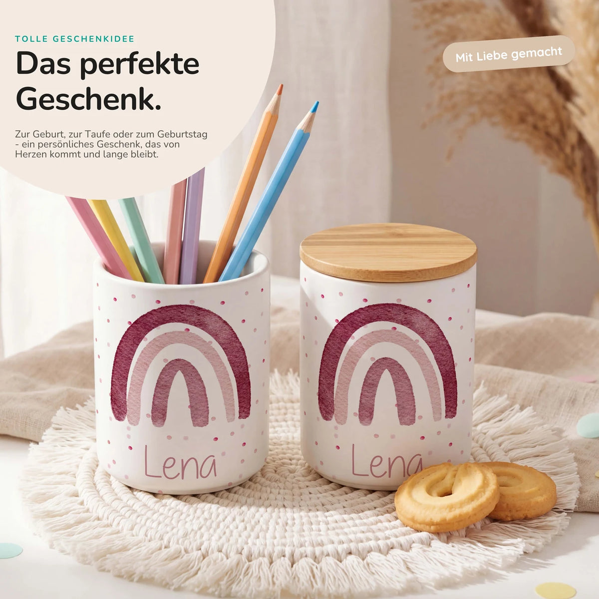 Personalisierte Keksdose Regenbogen Rosa – Keramik & Bambus mit Wunschname