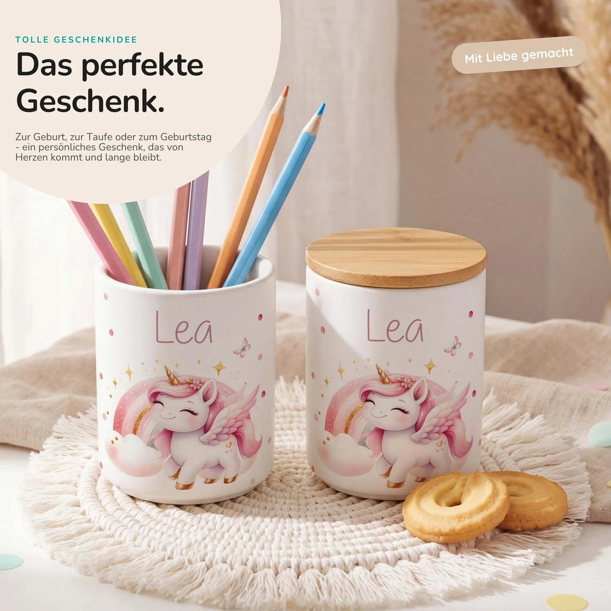 Personalisierte Keksdose Einhorn Flügel – Keramik & Bambus mit Wunschname