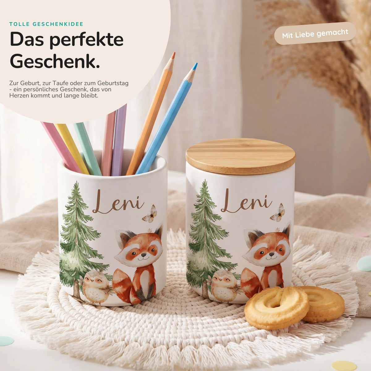 Personalisierte Keksdose Roter Panda & Eule – Keramik & Bambus mit Wunschname