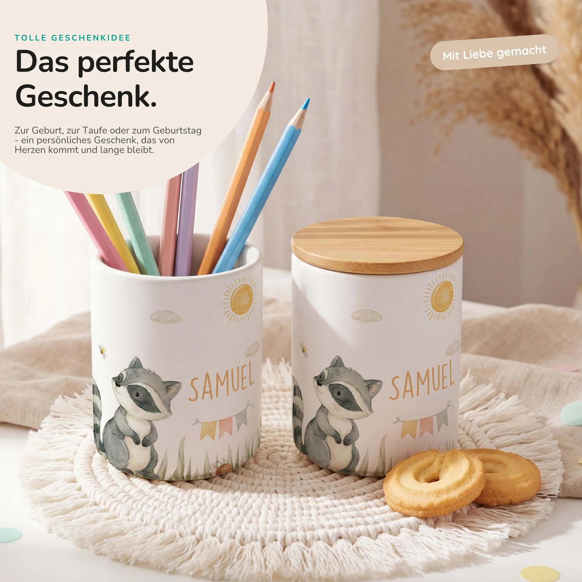 Personalisierte Keksdose WaschbĂ€r Sommer â Keramik & Bambus mit Wunschname