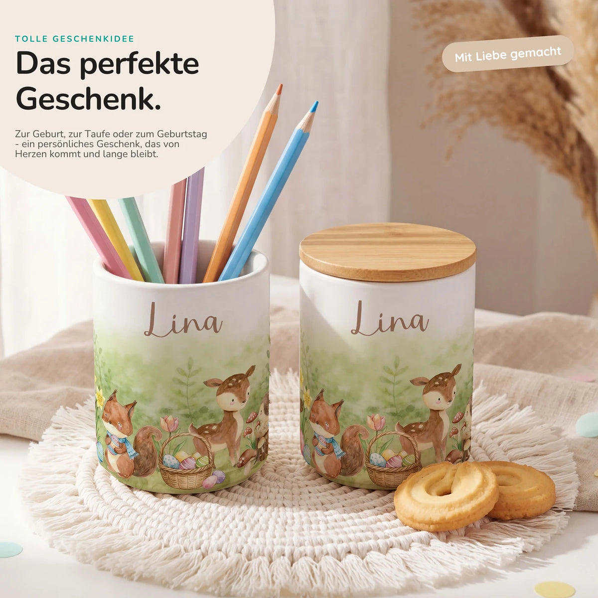 Personalisierte Keksdose Ostern Reh & Fuchs – Keramik & Bambus mit Wunschname