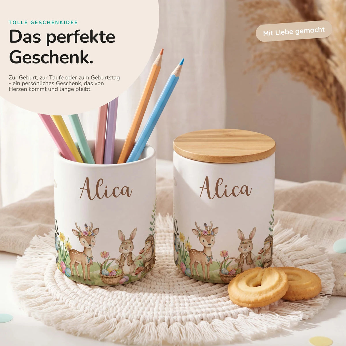 Personalisierte Keksdose Ostern Waldtiere-Treff – Keramik & Bambus mit Wunschname