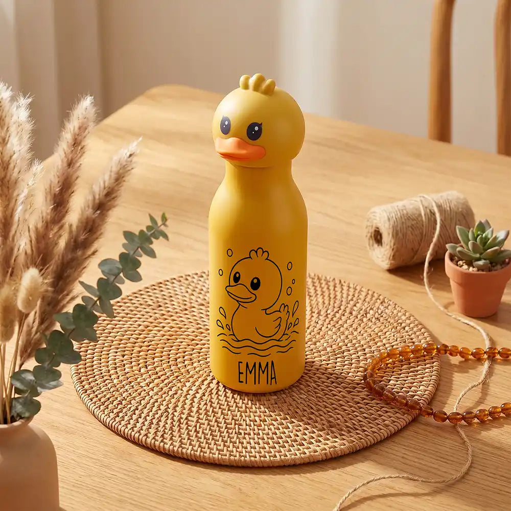 Personalisierte Trinkflasche Kinder Ente, Edelstahl 450 ml mit Wunschname
