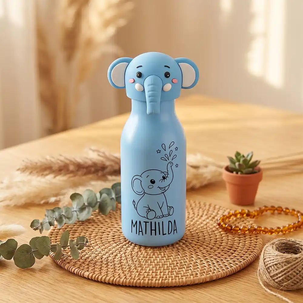 Personalisierte Trinkflasche Kinder Elefant, Edelstahl 450 ml mit Wunschname