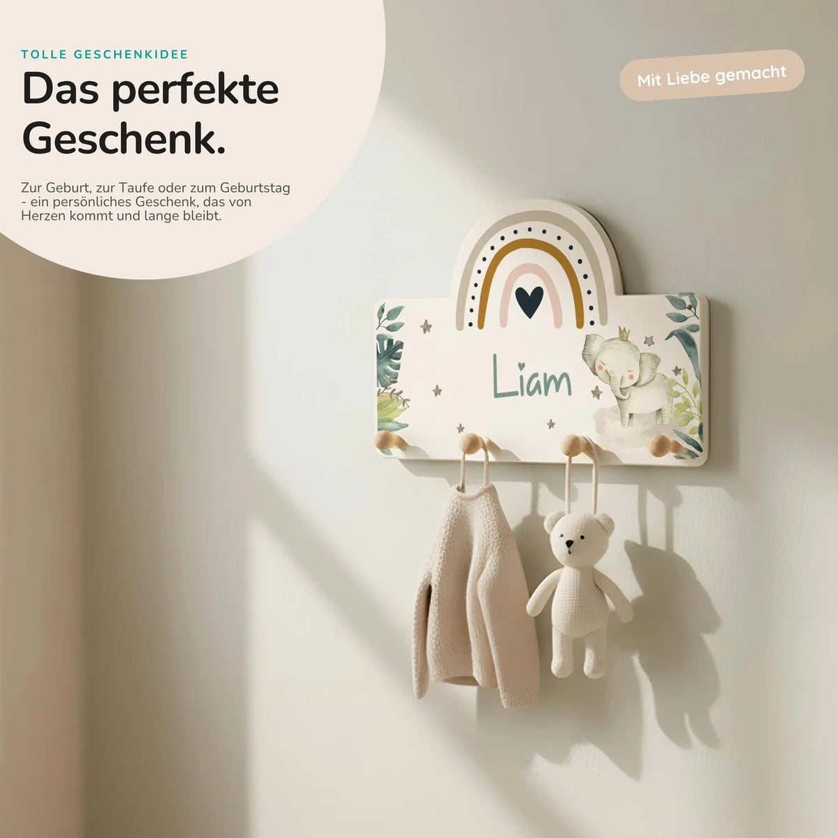 Kindergarderobe Holz personalisiert - Elefant