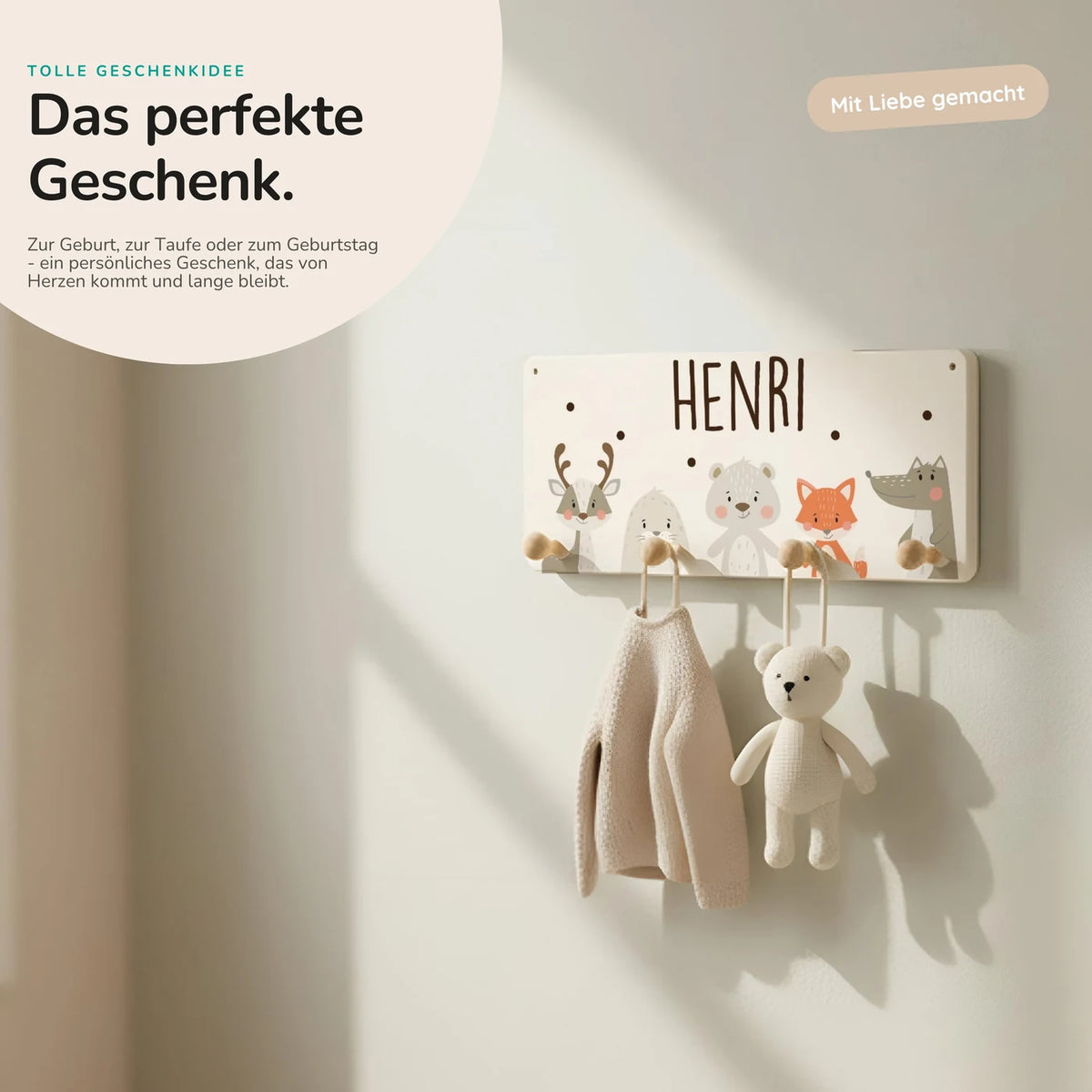 Kindergarderobe Holz personalisiert - Wintertiere