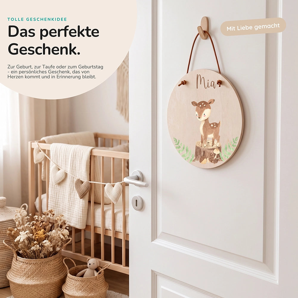 Türschild Kinderzimmer personalisiert mit Name Reh im Wald