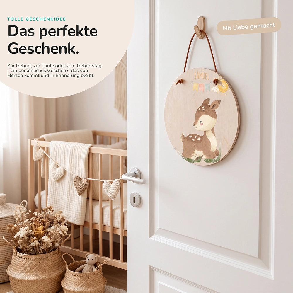 Türschild Kinderzimmer personalisiert mit Name Reh mit Wimpelkette