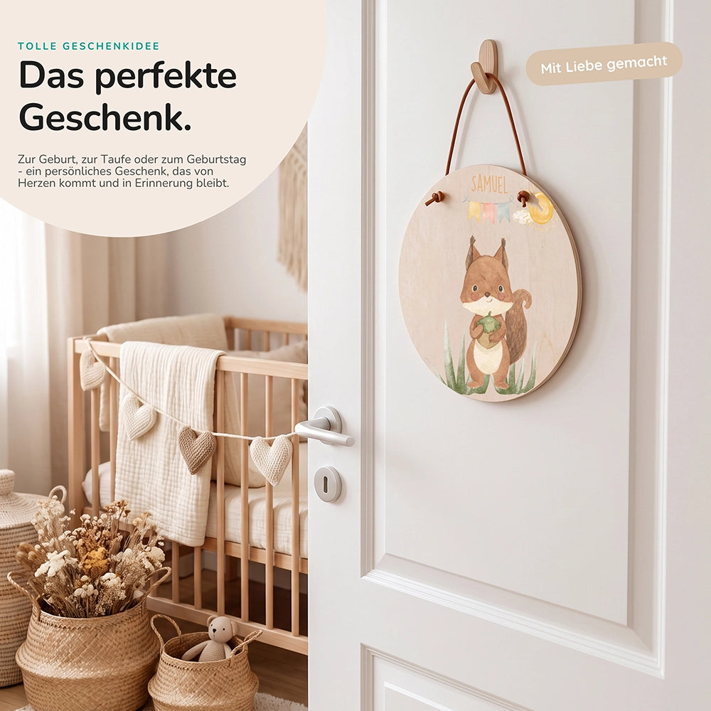 Türschild Kinderzimmer personalisiert Eichhörnchen mit Wimpelkette
