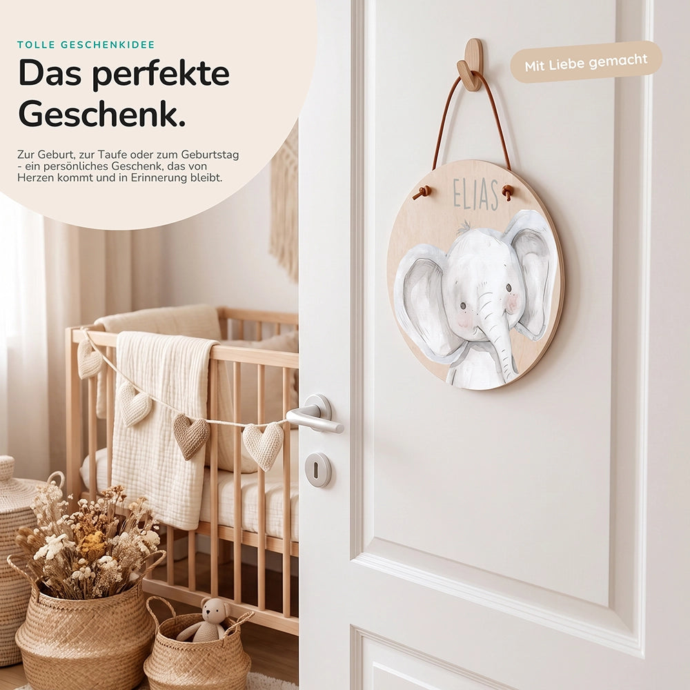 Türschild Kinderzimmer personalisiert mit Name Elefant Porträt