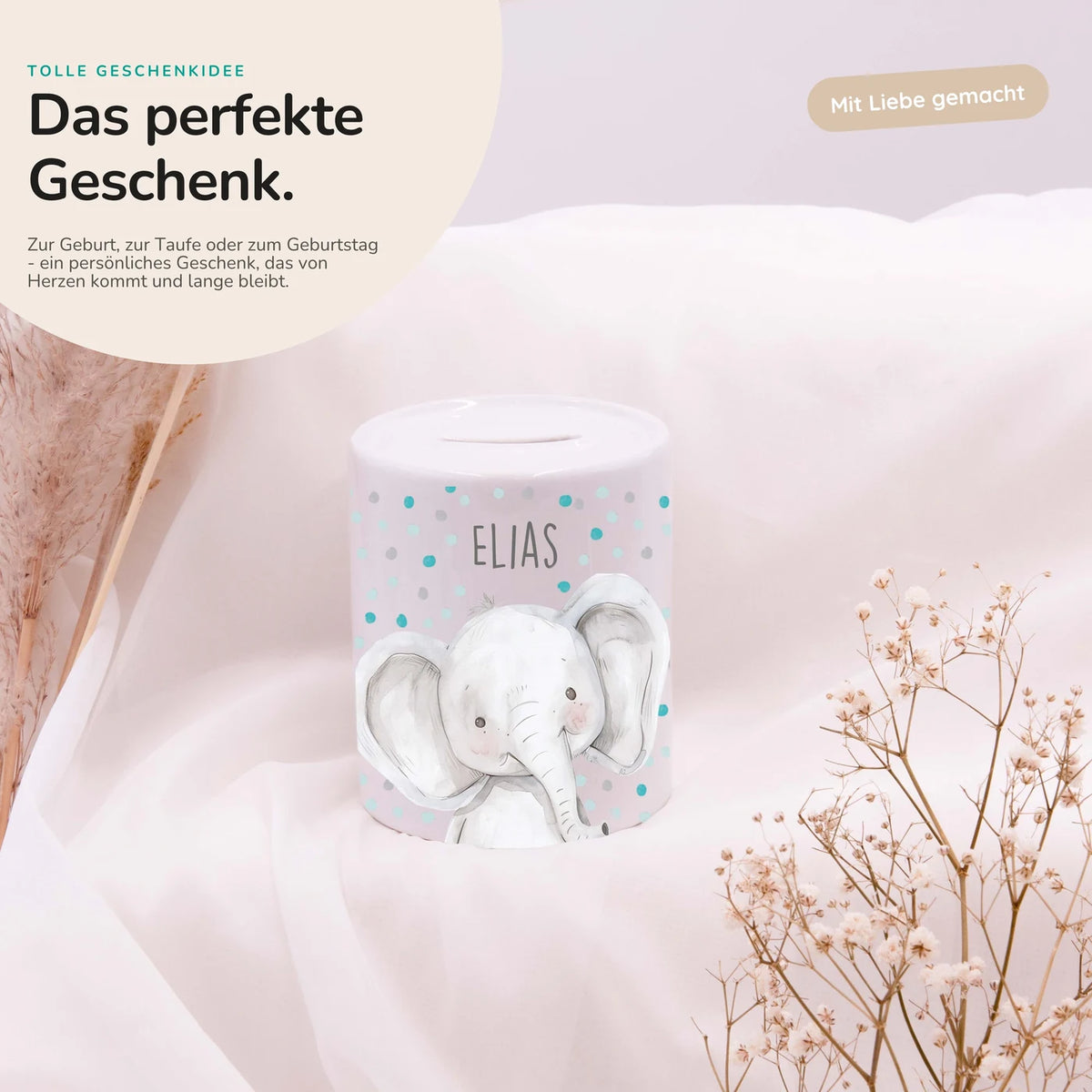 Spardose Kinder aus Keramik - Elefant mit Pünktchen