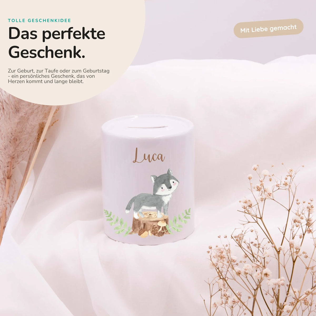 Spardose Kinder aus Keramik - Wolf Waldtiere