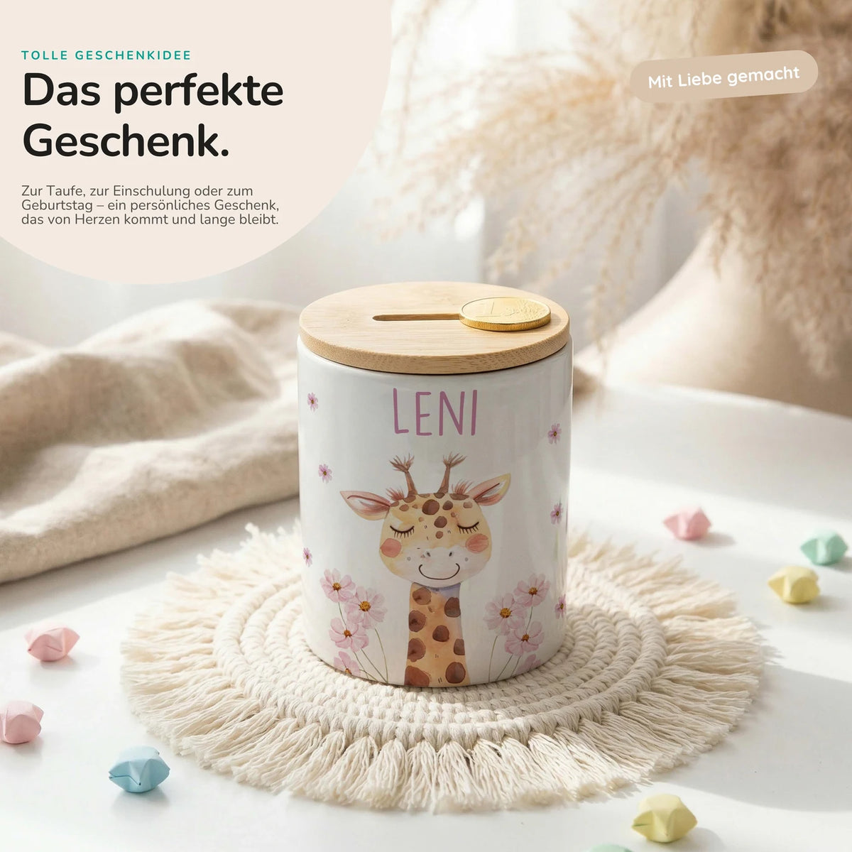 Personalisierte Spardose Giraffe Blumen â Keramik & Bambus mit Wunschname