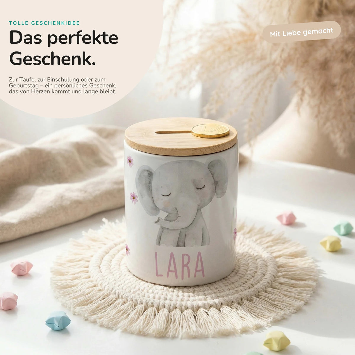 Personalisierte Spardose Elefant Blumen â Keramik & Bambus mit Wunschname