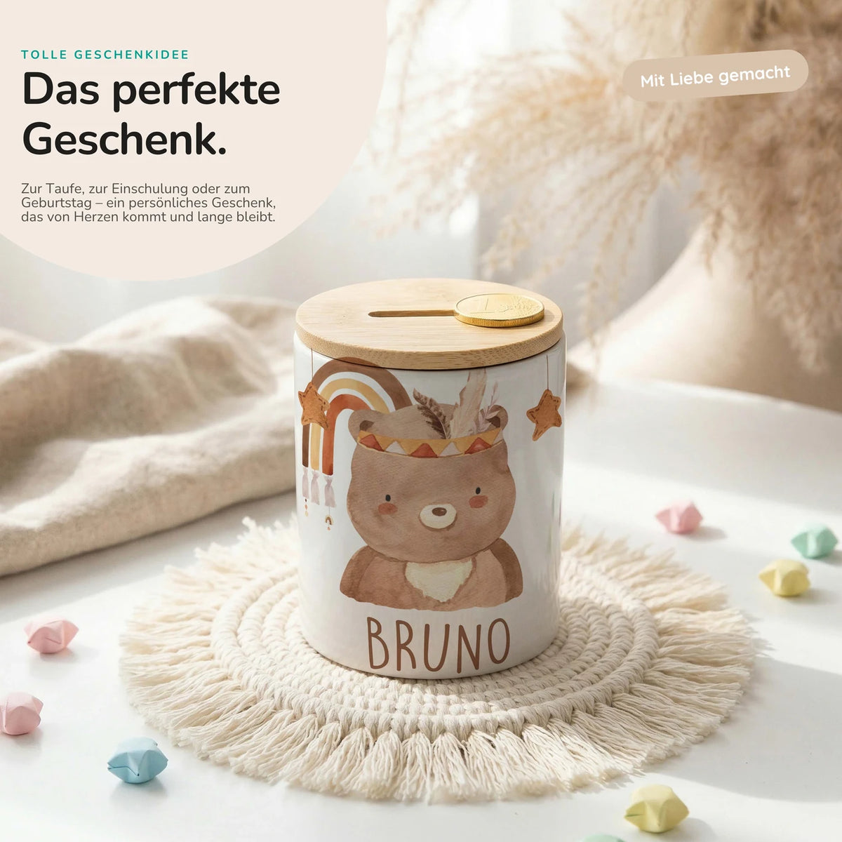 Personalisierte Spardose Boho-BĂ€r â Keramik & Bambus mit Wunschname