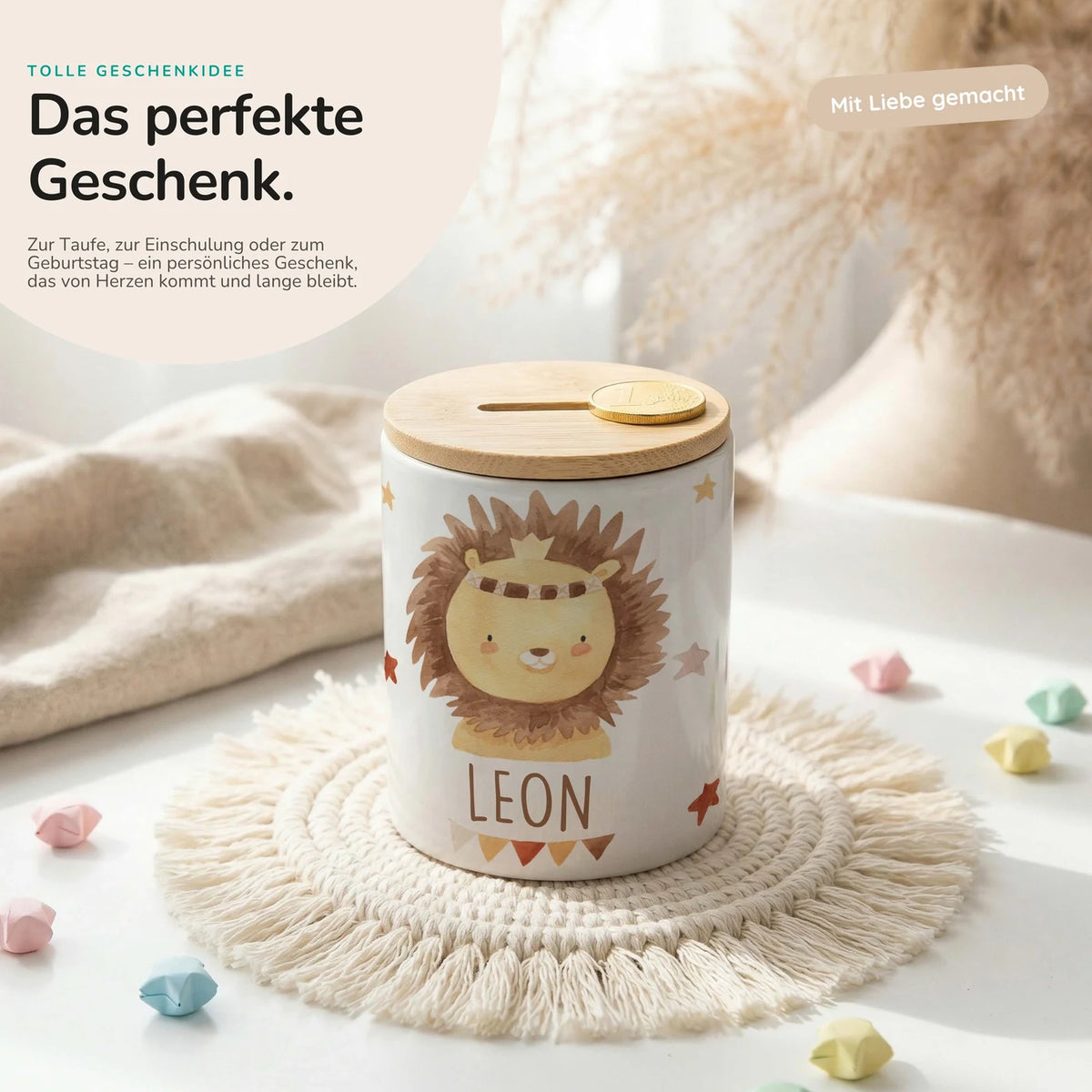 Personalisierte Spardose Löwe Boho â Keramik & Bambus mit Wunschname
