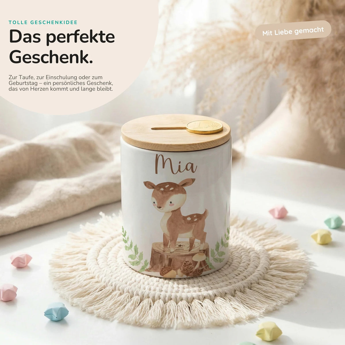 Personalisierte Spardose Rehkitz Wald – Keramik & Bambus mit Wunschname