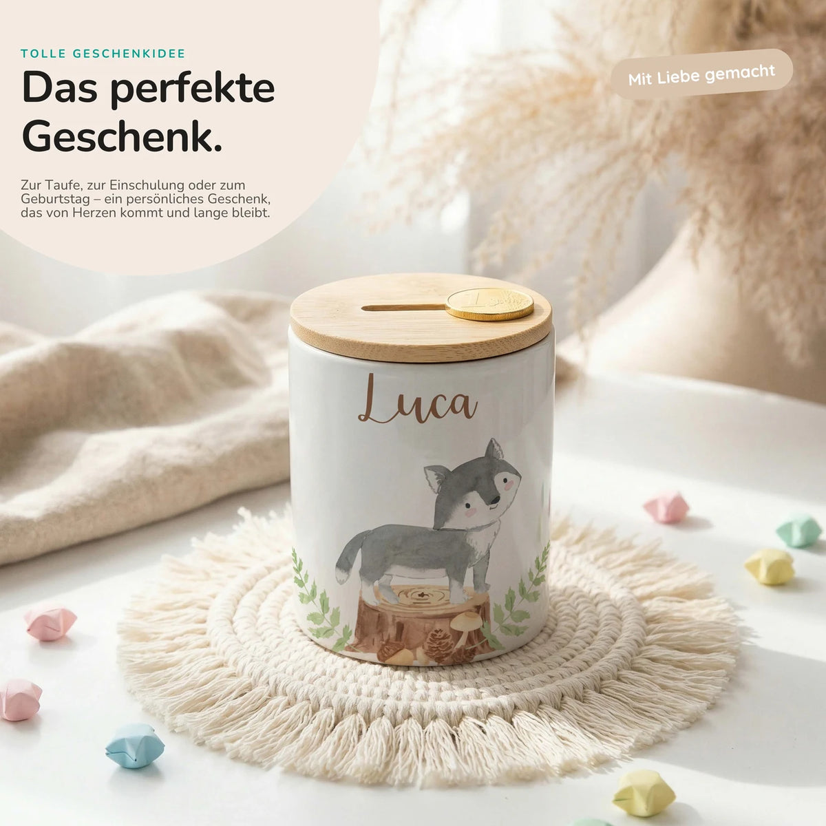 Personalisierte Spardose Wolf Wald – Keramik & Bambus mit Wunschname