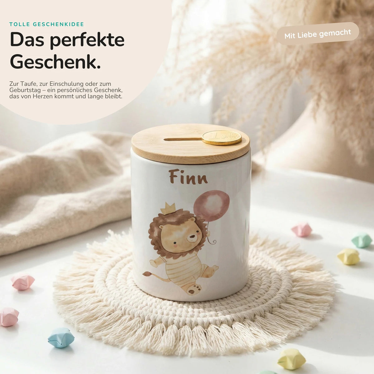Personalisierte Spardose Löwe Geburtstag â Keramik & Bambus mit Wunschname