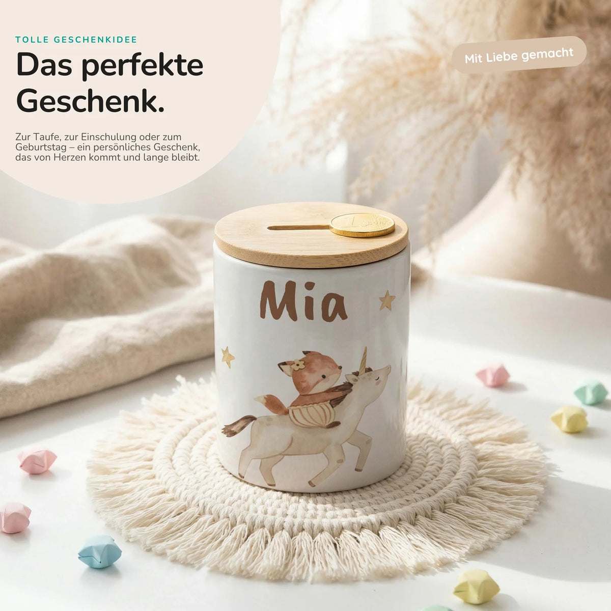 Personalisierte Spardose Fuchs & Einhorn – Keramik & Bambus mit Wunschname