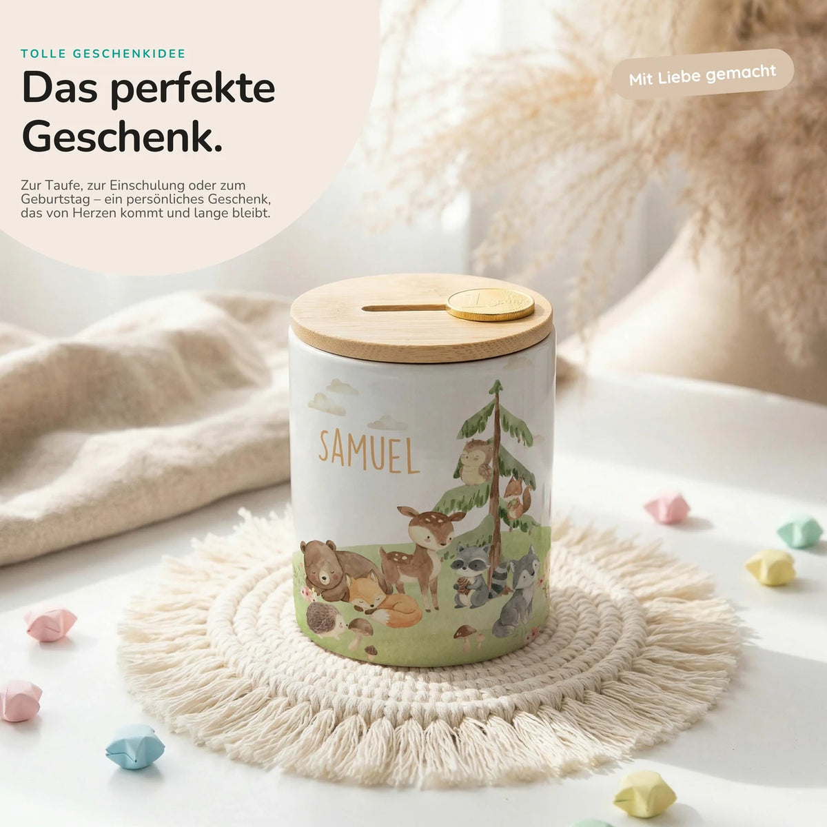 Personalisierte Spardose Waldszene V â Keramik & Bambus mit Wunschname