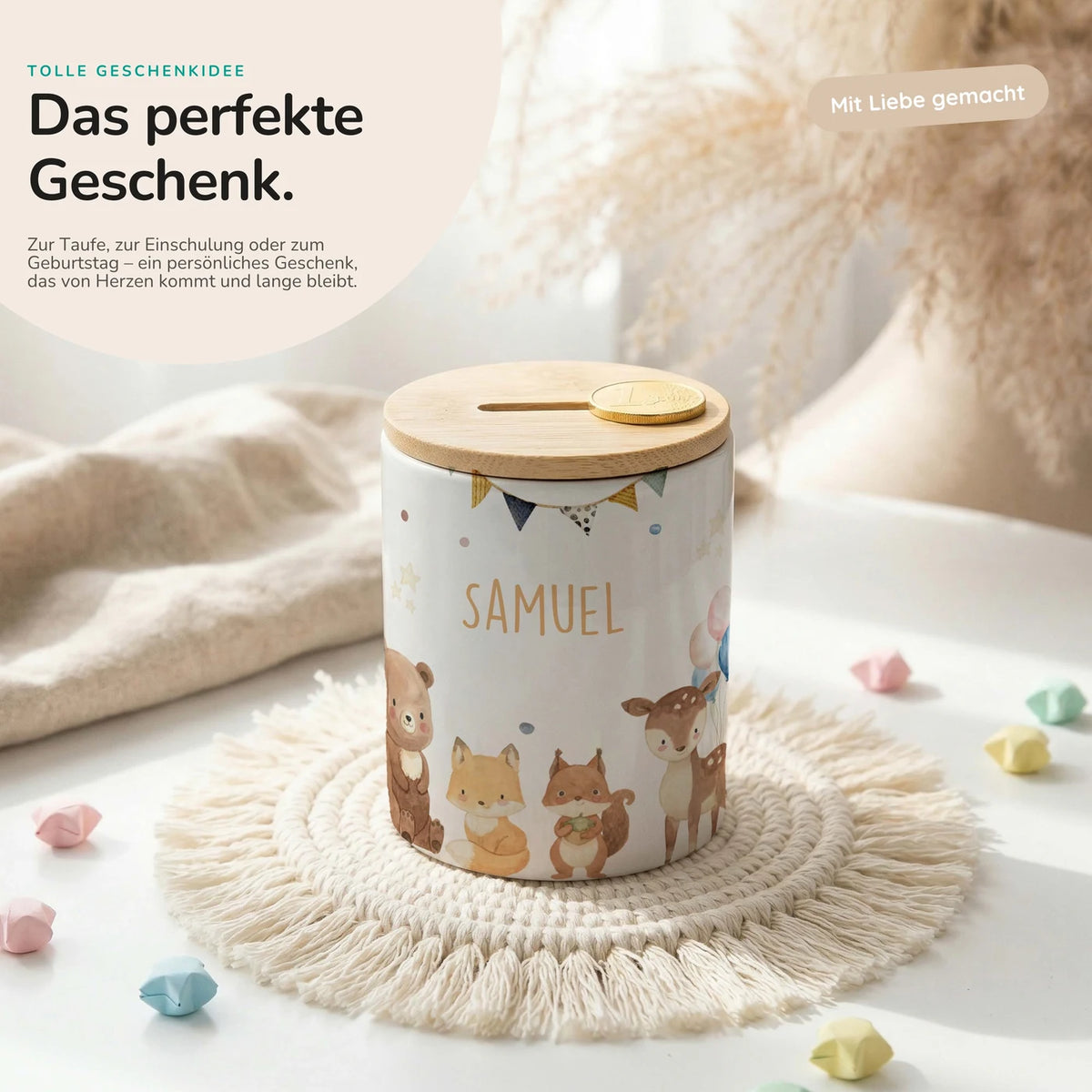 Personalisierte Spardose Waldtiere Party – Keramik & Bambus mit Wunschname