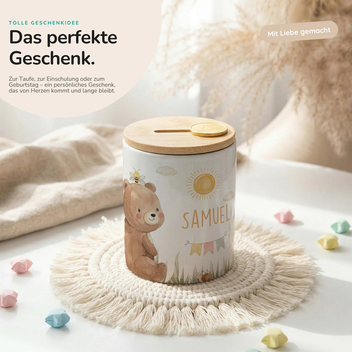 Personalisierte Spardose BĂ€r Sommer â Keramik & Bambus mit Wunschname