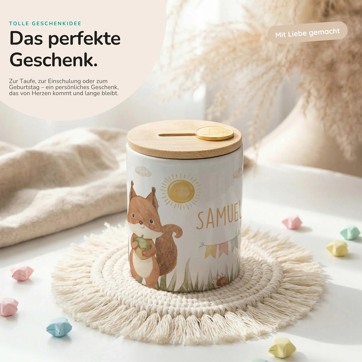 Personalisierte Spardose Eichhörnchen Sommer – Keramik & Bambus mit Wunschname