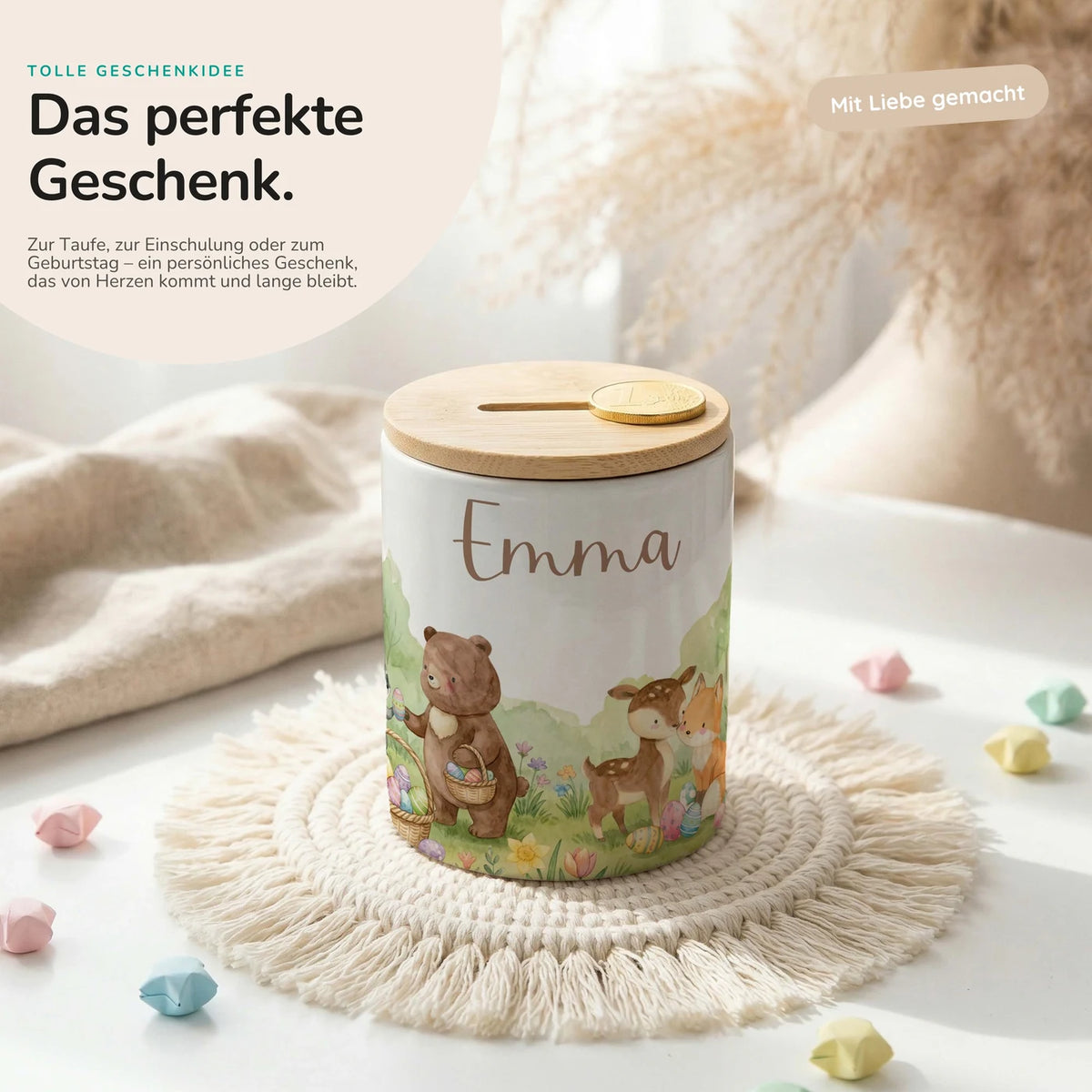 Personalisierte Spardose Ostern BĂ€renfamilie â Keramik & Bambus mit Wunschname