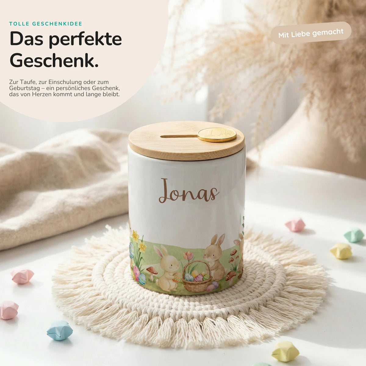 Personalisierte Spardose Ostern Hasen – Keramik & Bambus mit Wunschname
