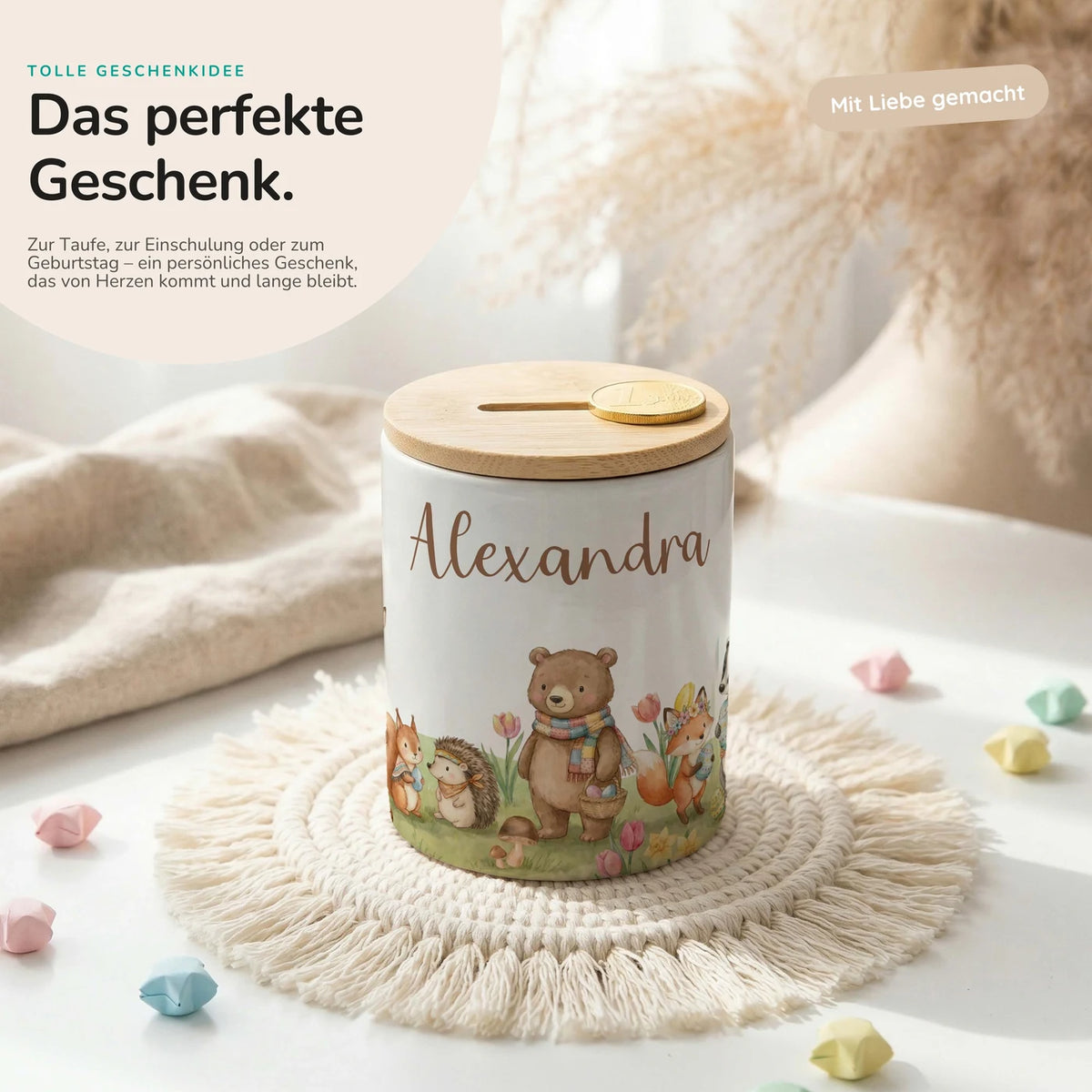 Personalisierte Spardose Herbst-Waldtiere – Keramik & Bambus mit Wunschname