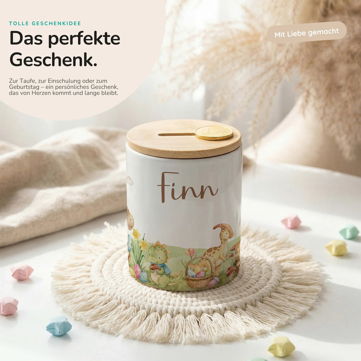 Personalisierte Spardose Dinos Ostern – Keramik & Bambus mit Wunschname